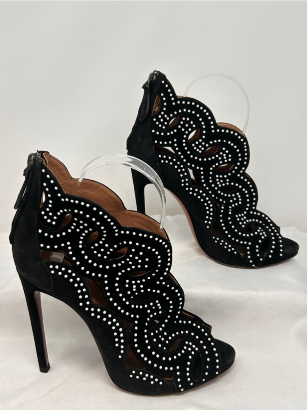 Alaïa Black Suede Laser Cut Studded Open Toe Bootie Heels 37 - Picture 3 of 9